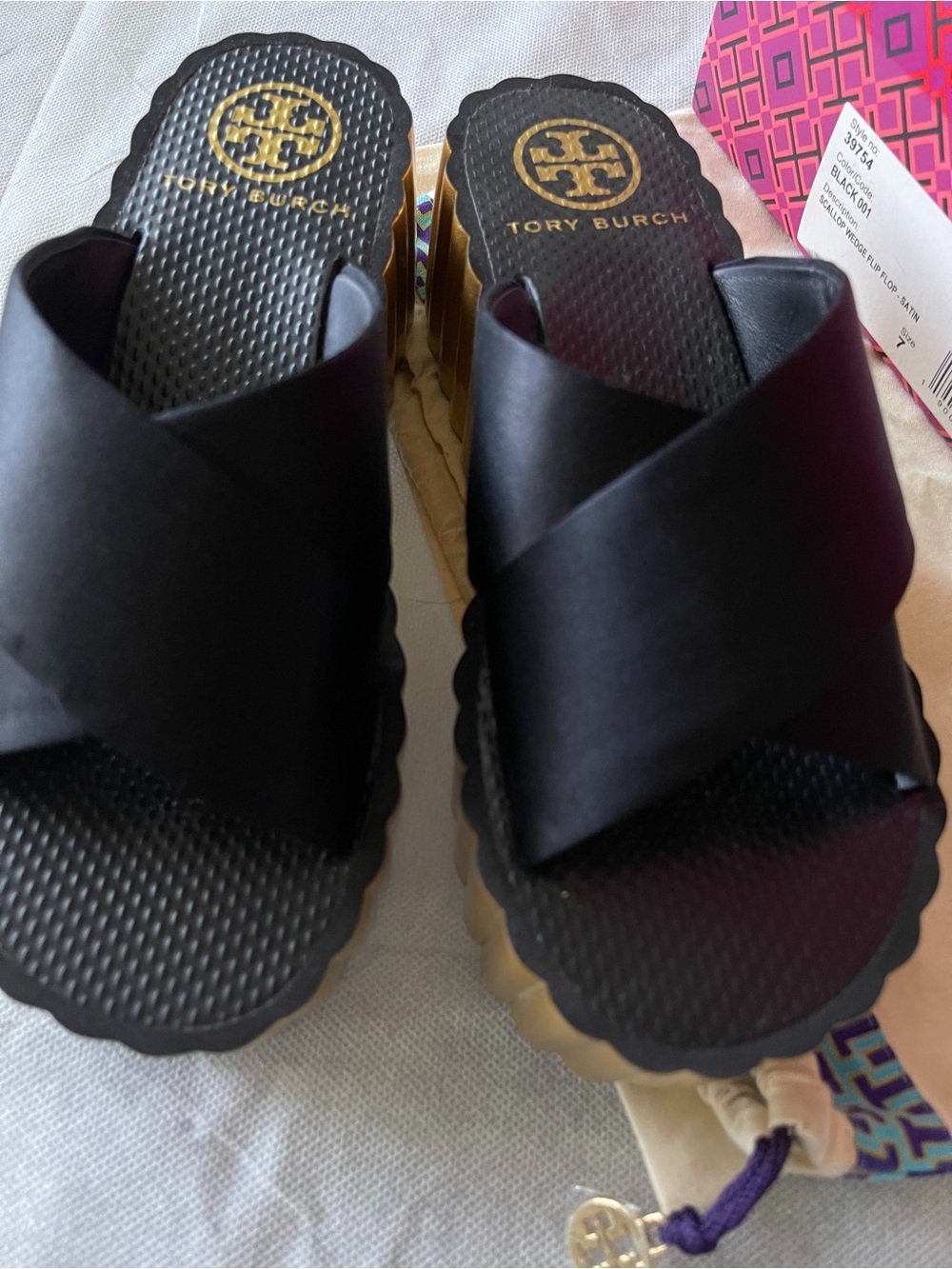 Tory Burch Black Satin Scallop Wedge Platform Cross-Strap Slide Sandals - Picture 10 of 14